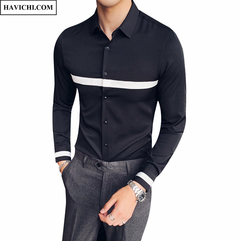 Áo sơ mi nam 💚𝗙𝗥𝗘𝗘𝗦𝗛𝗜𝗣💚 Áo Sơ Mi Nam Đen công sở họa tiết đẹp giá rẻ Sọc Ngang Ngực Mềm Mịn, Không Nhăn, Thoáng Mát | BigBuy360 - bigbuy360.vn