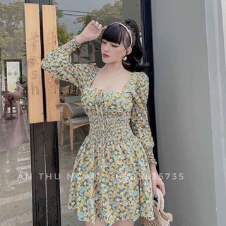 Váy hoa nhí cổ vuông tay lỡ - váy tiểu thư vintage