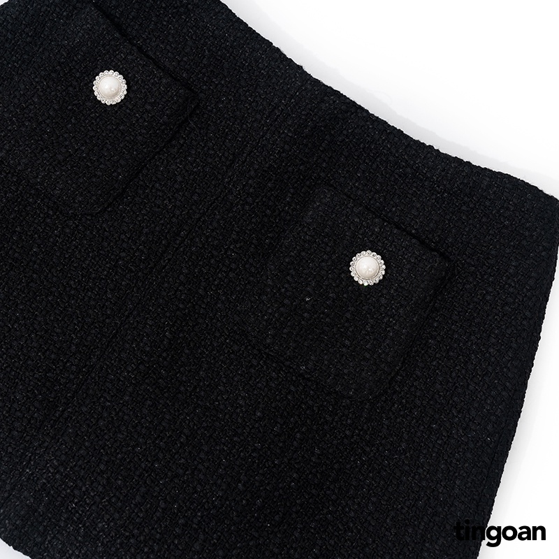 TINGOAN® - Chân váy tweed đen cạp thấp 2 túi đính cúc MOOD FOR LOVE SKIRT/BL