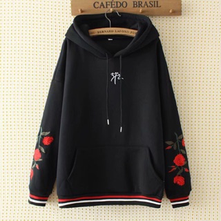 Áo hoodie big size nỉ thun màu đen tay thêu hoa đỏ size lớn 3XL 80-95kg