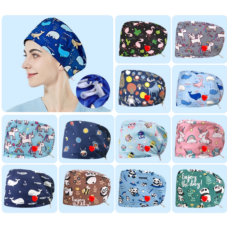 Mũ Cotton Co Giãn In Họa Tiết Cho Y Tá Bác Sĩ