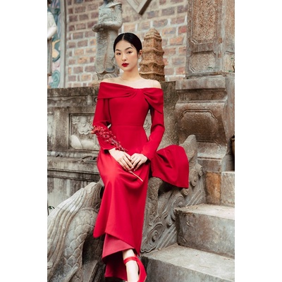Áo dài trễ vai tạo nơ phối lưới cúp ngực( không kèm quần) TIINSTORE  ACT120