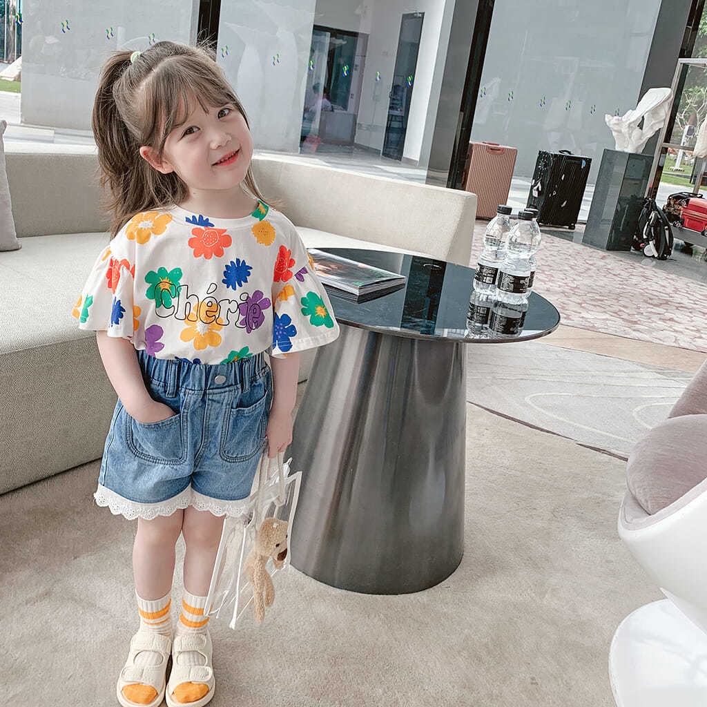 Set Áo Thun Ngắn Tay In Hoa + Quần Short Denim Thời Trang Hàn Quốc Mới Cho Bé Gái