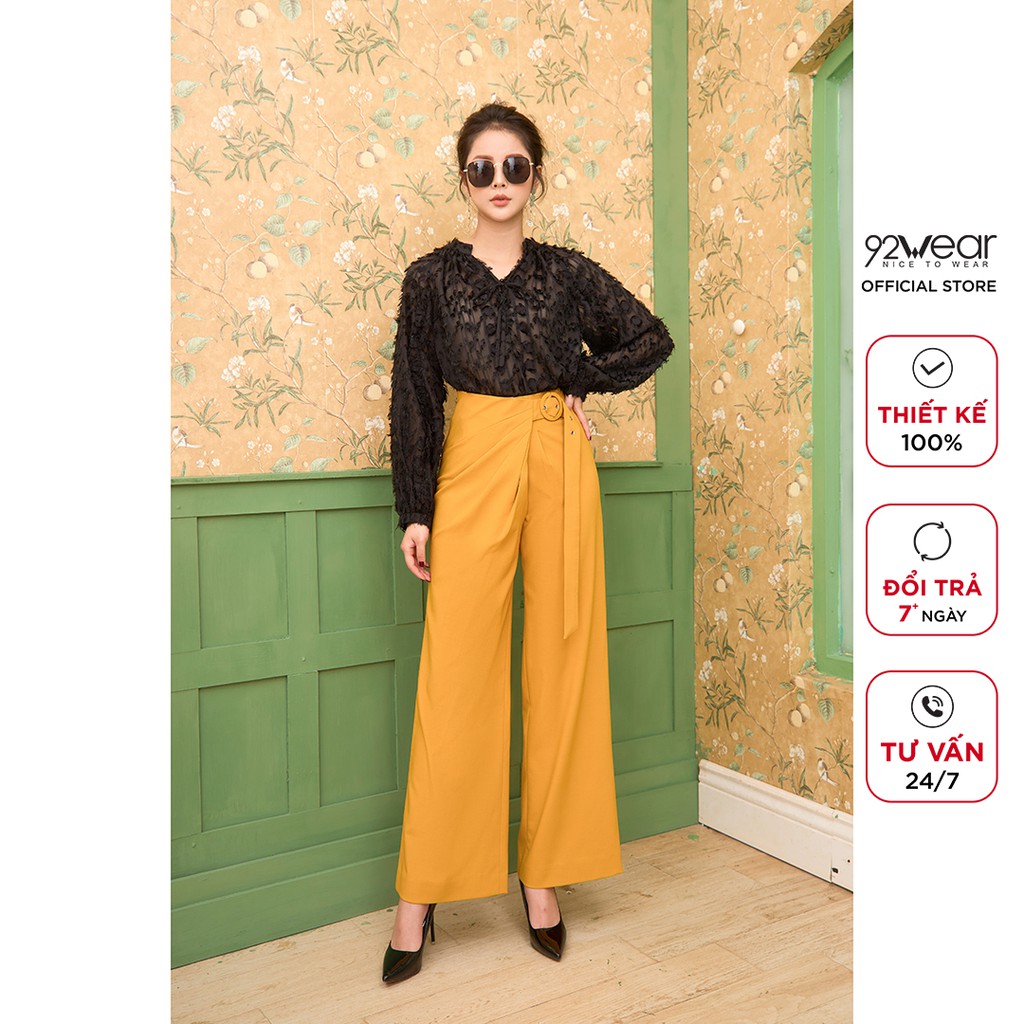 Quần tây nữ 92WEAR quần âu ống rộng đai liền xếp ly công sở QAA1303