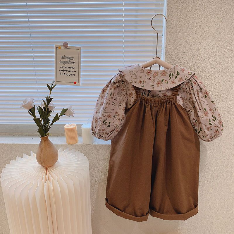 Bộ Áo Sơ Mi Cổ Búp Bê + Quần Yếm Thời Trang Xuân Thu Phong Cách Mới 2022 Cho Bé Gái