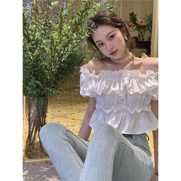 Áo trễ vai dáng croptop nhún bèo màu trắng, hồng