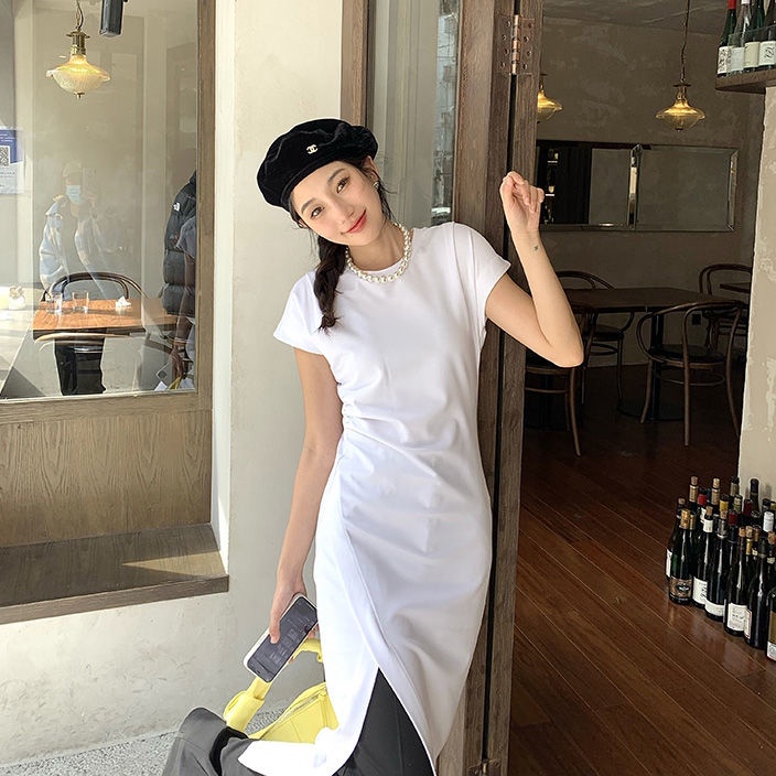 Đầm Thun Trắng Dài Xẻ Tà Nhấn Eo Thời Trang Cho Nữ