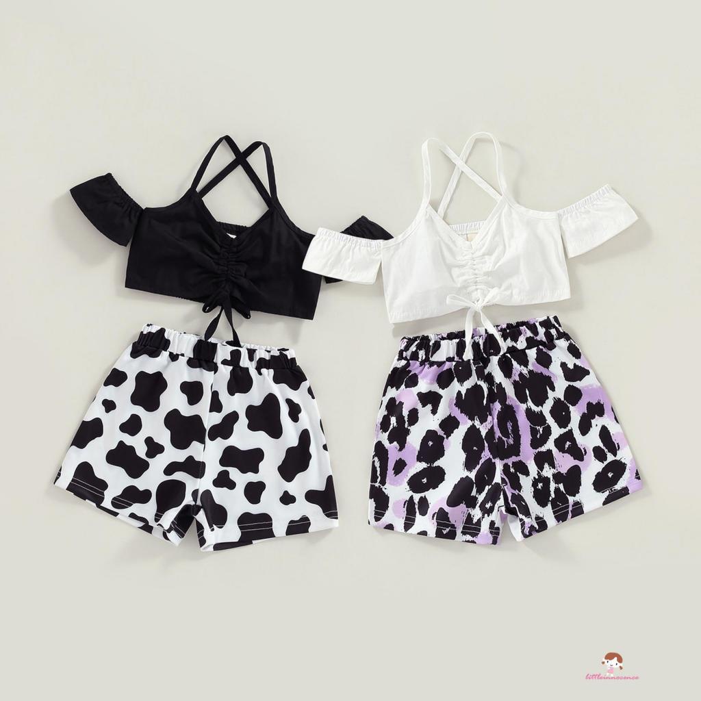 Bộ Đồ Hai Mảnh Áo Hai Dây Hở Lưng Màu Trơn Và Quần Short Lưng Thun Họa Tiết Da Báo Dành Cho Bé Gái