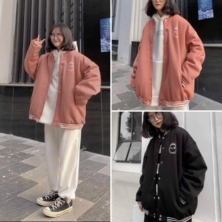 [SIÊU XINH] Áo bomber bấm cúc bo gấu unisex CẬU BÉ hai màu đen hồng cực ngầu chát nỉ dày dặn giá siêu rẻ
