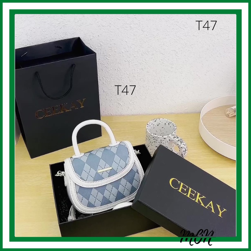🌸sẵn🌸 Túi xách da mềm đeo chéo nữ CEEKAY chính hãng, túi nắp tròn, họa tiết hình thoi xen kẽ - T47