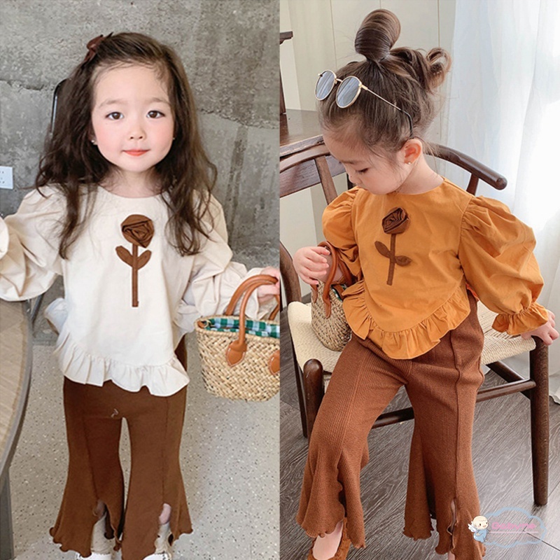 Bộ Đồ 2 Món Áo Hoa Tay Dài + Quần Ống Loe Xẻ Tà Thời Trang Cho Bé Gái