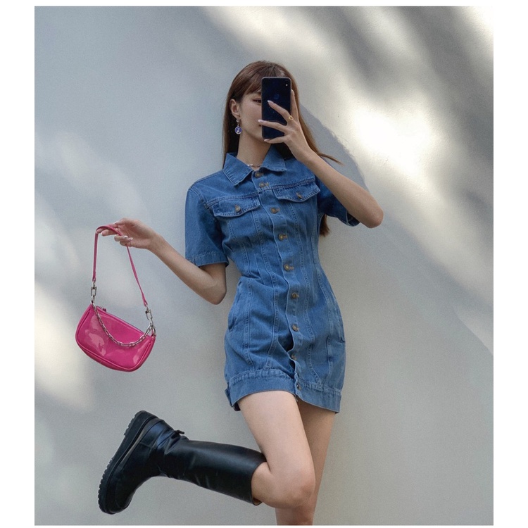 Đầm Denim Tay Ngắn Dáng Ôm Phong Cách Thời Trang Retro 49472