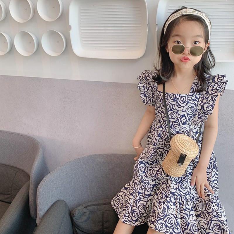 Đầm Công Chúa Cổ Vuông Tay Cánh Tiên In Hoa Thời Trang Mùa Hè Dành Cho Bé Gái