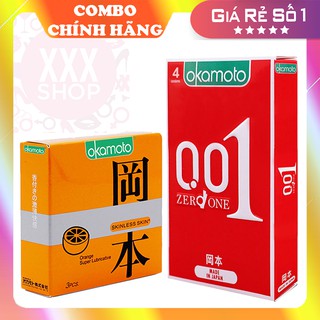 Bao cao su okamoto 0.01 zero one siêu mỏng + bao cao su okamoto skinless skin orange lubricated hộp 3 cái
