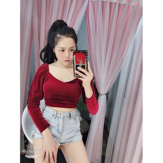 Áo nhung croptop cổ vuông tay dài có mút ngực 2 màu đỏ , đen . Thích hợp tiệc , hội hợp , dạo phố