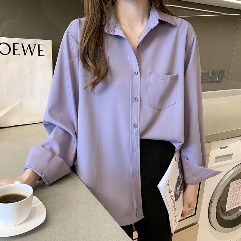 Áo Sơ Mi Chiffon Tay Dài Cổ Chữ V Màu Tím Trơn Phong Cách Thời Trang Mùa Thu Năm 2021 Dành Cho Nữ