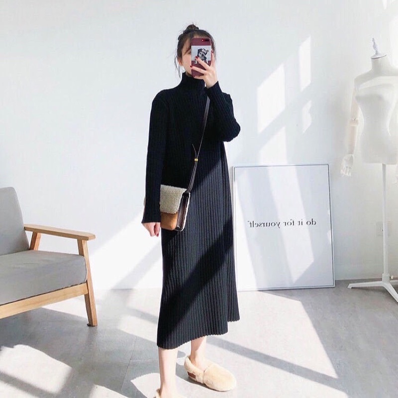 Đầm len gân dáng suông freesize cổ tròn thời trang hàn quốc - Váy xuông len cổ 3p dáng rộng bầu bì thời trang công sở