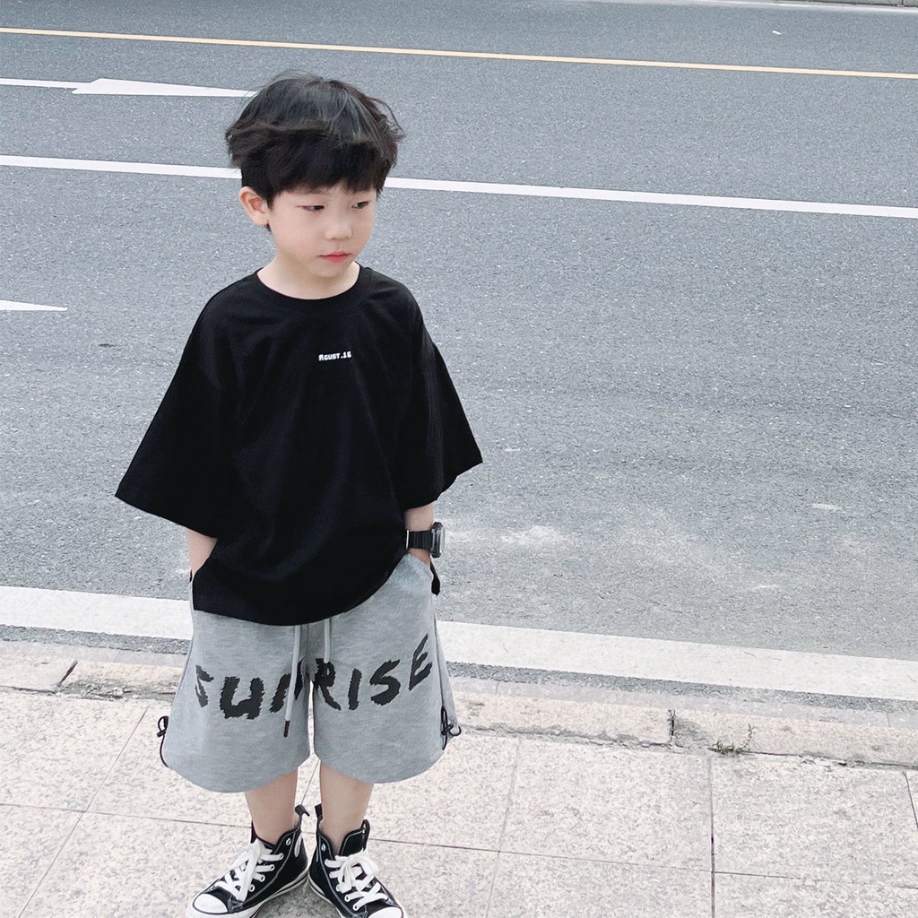 Áo Thun Cotton Trơn Tay Ngắn Cổ Tròn In Họa Tiết Hoạt Hình Phong Cách Hàn Quốc Cho Bé Trai