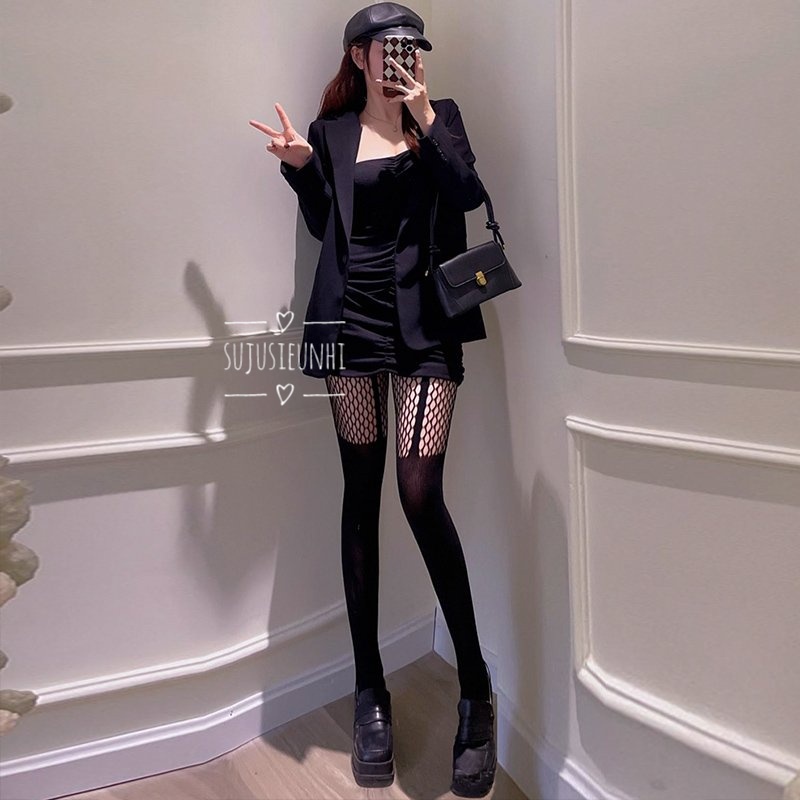 quần tất đen kẻ đùi mix lưới dành cho nữ