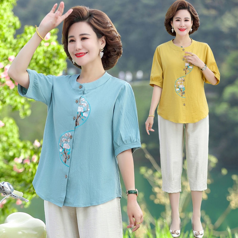 Mom mùa hè bộ đồ ngắn tay hàng đầu mới 50 tuổi 60 hai mảnh phụ nữ trung niên và cao