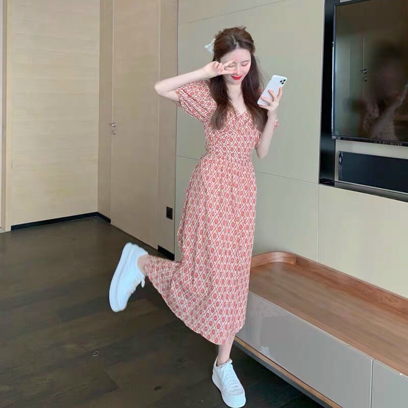 đầm suông von lụa họa tiết kiểu hở lưng cột nơ cổ V ngắn tay