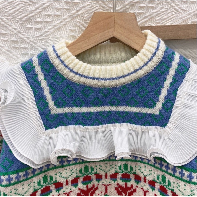 Áo len hoạ tiết viền bèo xuất Hàn cho bé gái 2-6Y