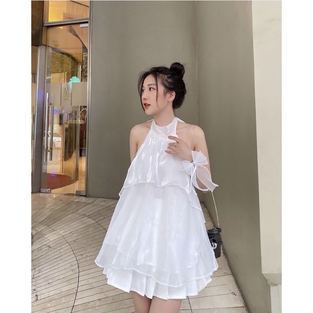 Set áo yếm trắng hở lưng+chân váy trắng