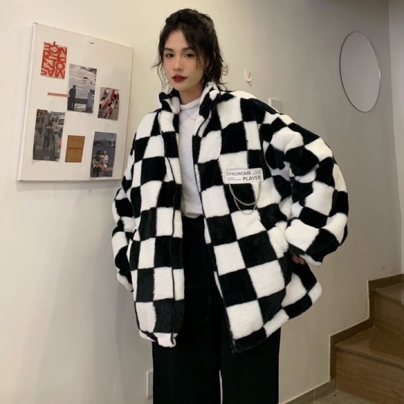 TKLIHN Áo khoác Lông Ulzzang KẺ CARO đen trắng Hot FASHIONITA 2022 KÈM 2 ẢNH THẬT CUỐI