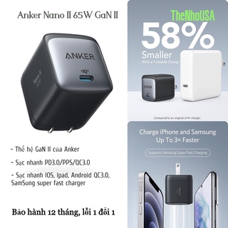 Cốc sạc nhanh 65w anker a2663p11 nano ii/a2664/anker 711 nano ii 30w/anker powerport iii 3-port 65w gan ii