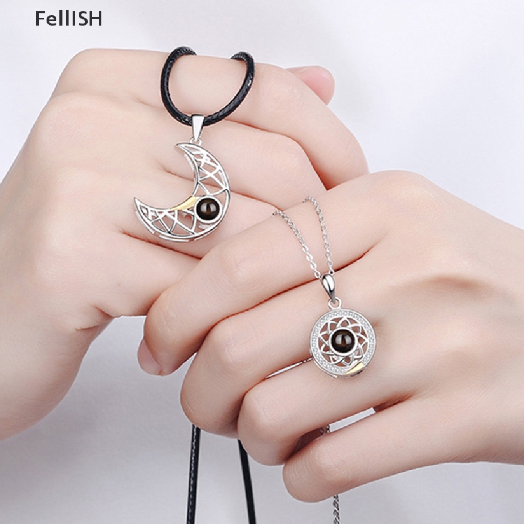 [Fel] 2PCS Couple Necklaces 100 Languages Sun And Moon Magnetic Pendant Love Memory COD