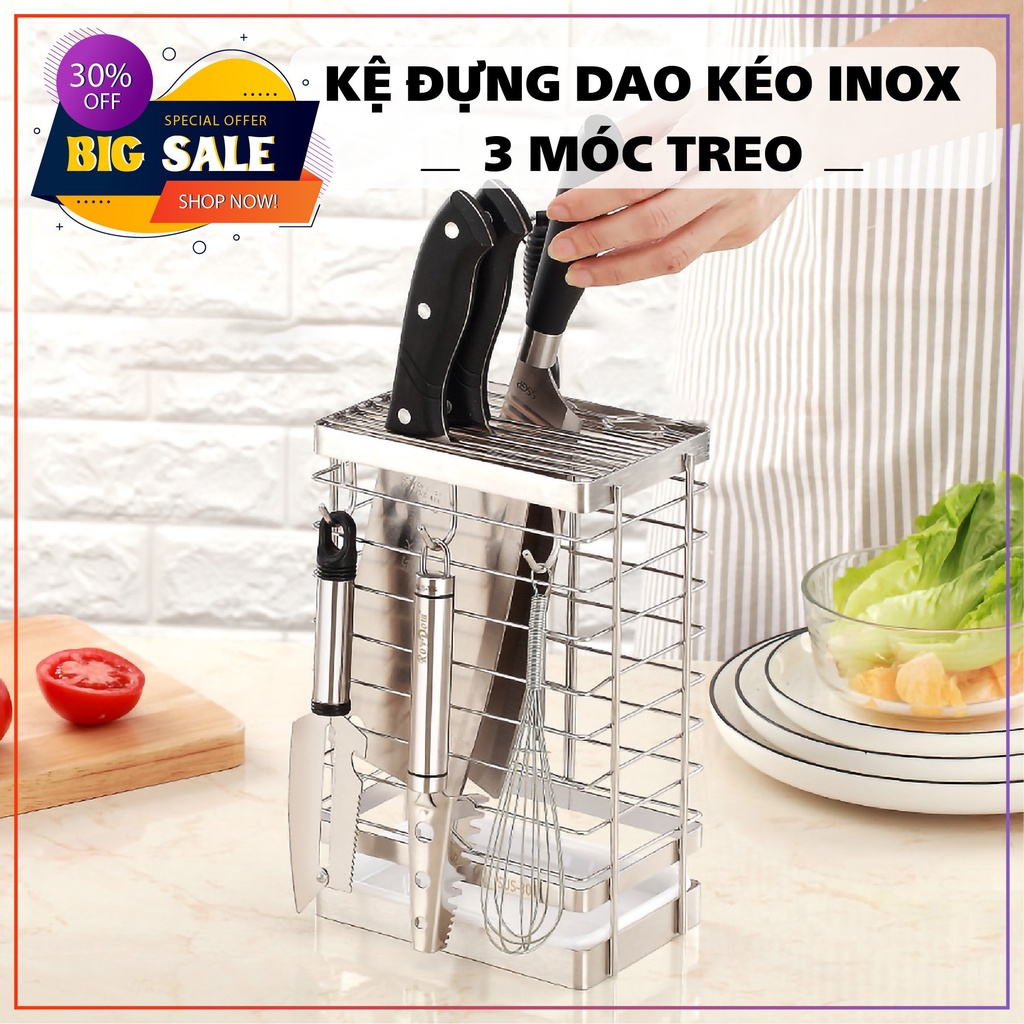 Kệ đựng dao kéo Inox 304 kèm 3 móc treo và khay hứng nước,chống rỉ