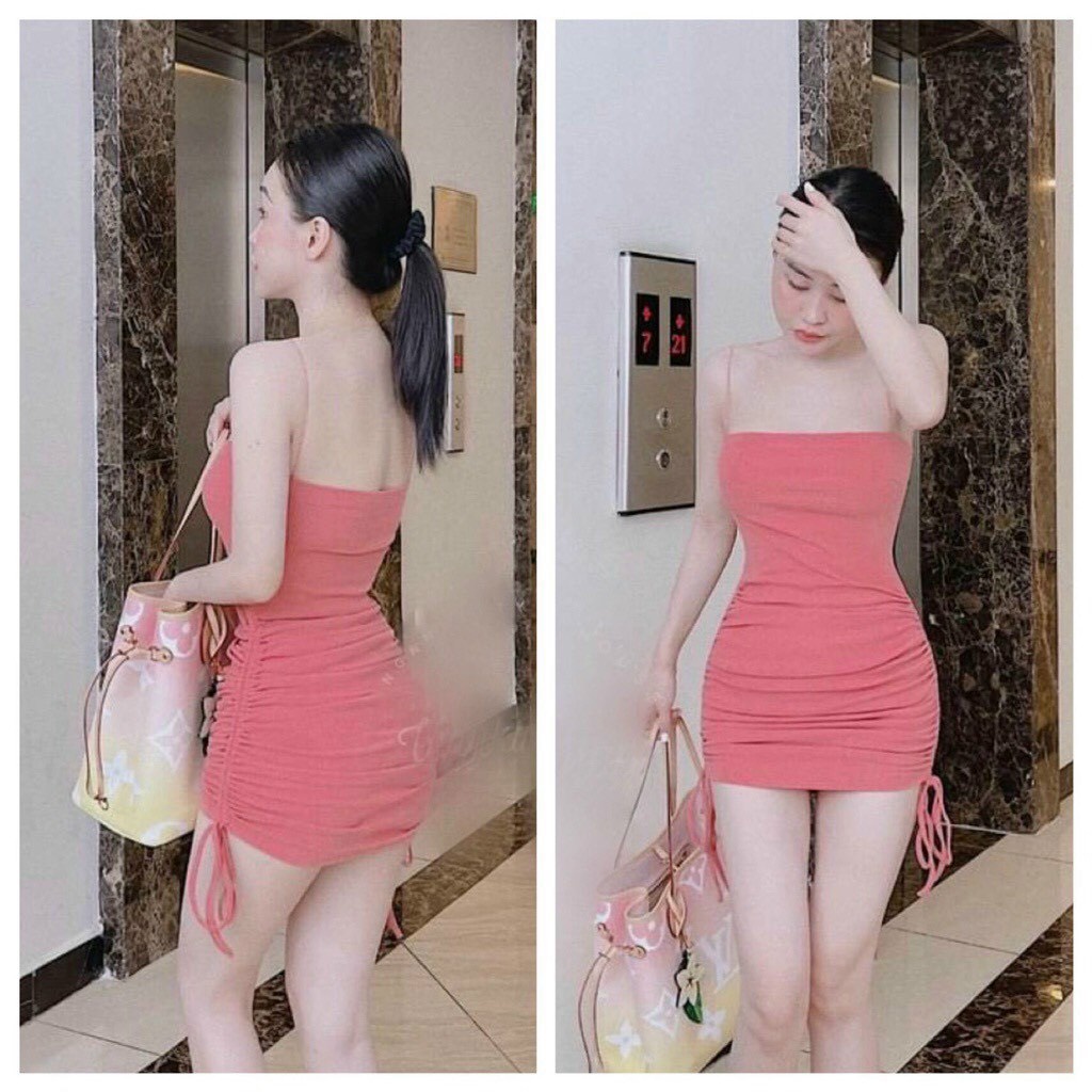 Đầm 2 dây  ôm body trơn kiểu rút dây 2 bên cực xinh ,  chất thun bozip mềm mịn mk