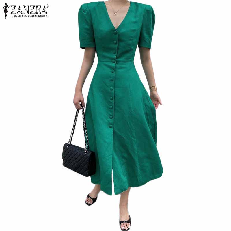 Đầm dài ZANZEA tay ngắn phồng cổ chữ V phong cách Hàn Quốc thời trang cho nữ