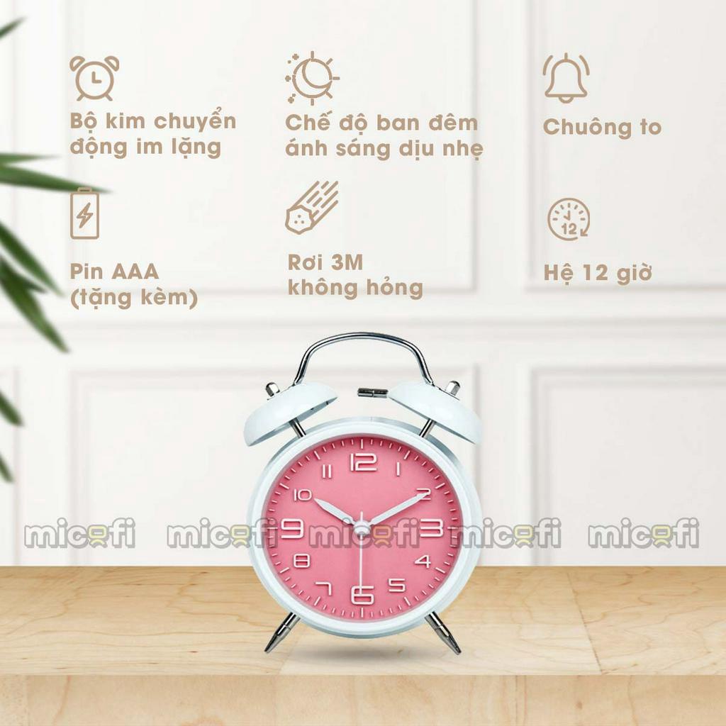 Đồng Hồ Báo Thức Micofi Để Bàn Decor Chuông To Có Đèn Led Inox Kim Không Gây Tiếng Động Cute Cho Bé
