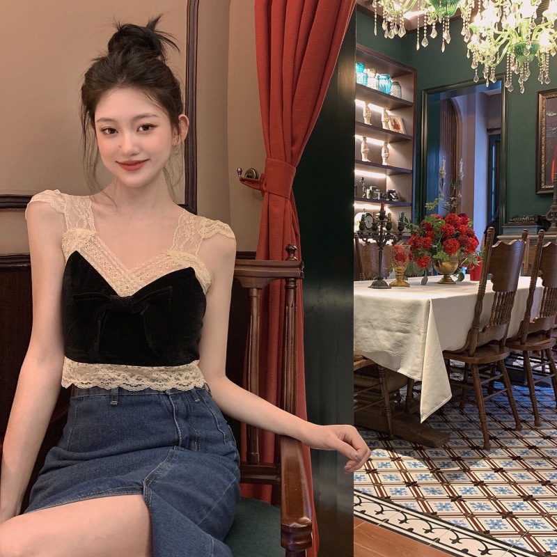 Áo Hai Dây Đính Nơ Phối Ren Quyến Rũ Thời Trang Mùa Hè Cho Nữ