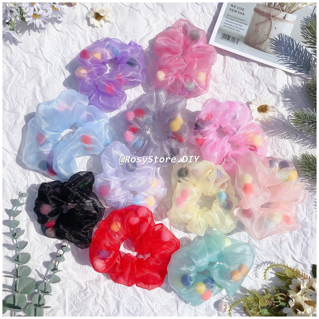 CỘT TÓC VẢI SCRUNCHIES VOAN POMPOM NHIỀU MÀU- PHONG CÁCH ULZZANG PHỤ KIỆN THỜI TRANG NỮ GIÁ RẺ ĐẸP