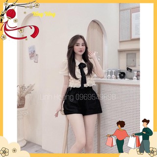Anu279 - áo sơ mi nữ bèo ngực phối nơ đen