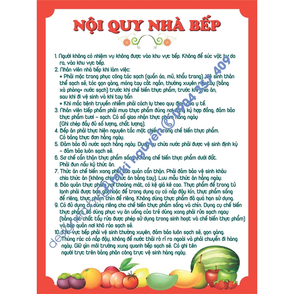 Nội quy nhà bếp trường mầm non theo quy định, chất liệu decal dán, KT 80x10cm, 100x120cm