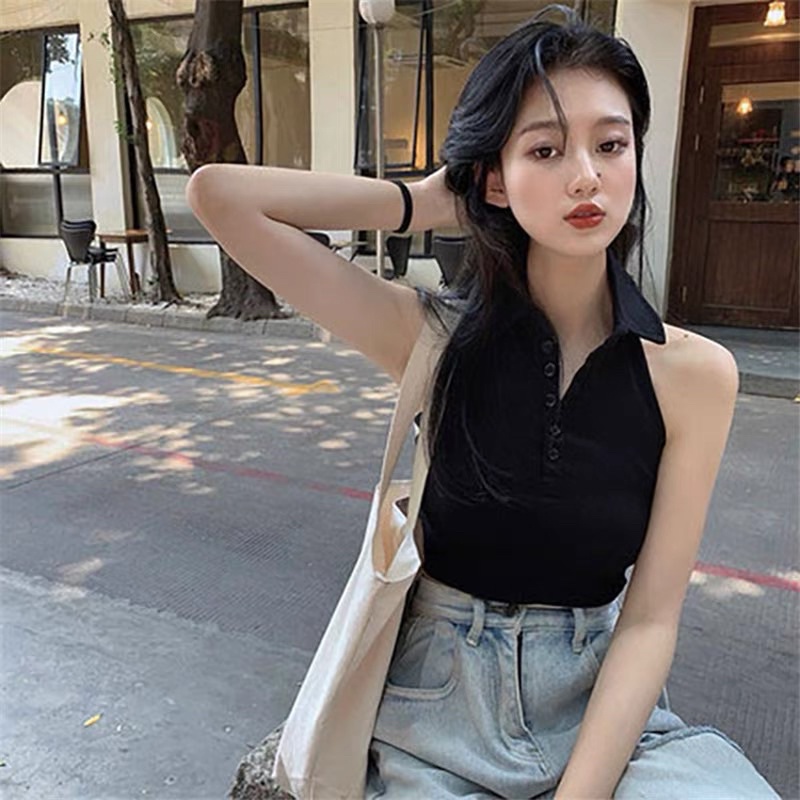 Áo cổ polo khoét vai nhiều màu dáng croptop cực xinh
