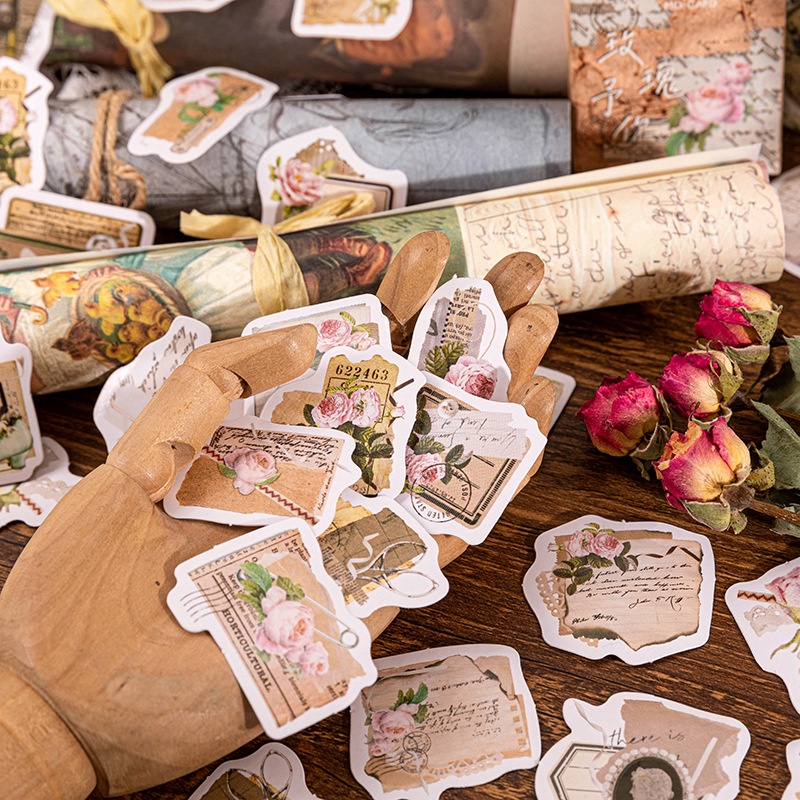 Hộp 46 chiếc sticker BỨC THƯ HOA HỒNG VINTAGE CỔ ĐIỂN dùng decor sổ bullet journal, decor thư thiệp quà BX169