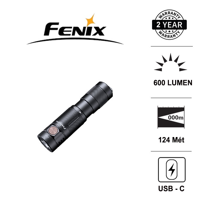 Đèn pin móc khóa FENIX E09R độ sáng 600 lm chiếu xa 124 m sạc USB-C pin liền thân Li-ion 800mAh