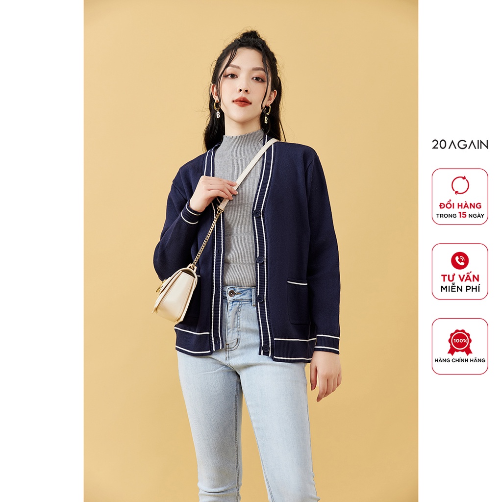 Áo cardigan nữ dài tay phối viền 20AGAIN, chất len cao cấp, mịn, co giãn tốt KLA0068