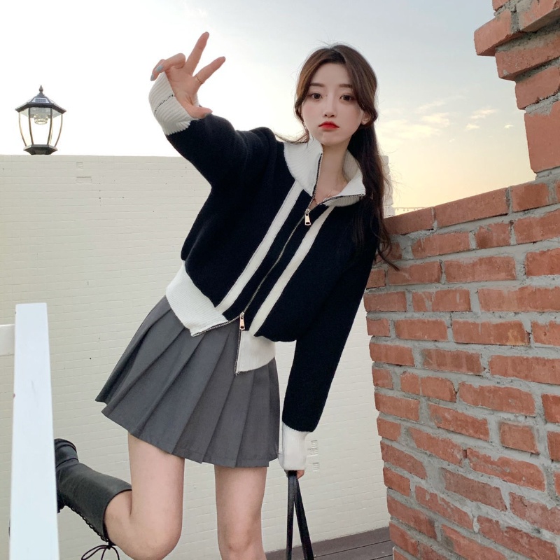 COZOK Áo Khoác cardigan Dệt Kim Tay Dài Cổ Cao Màu Sắc Tương Phản Có Khóa Kéo Thời Trang