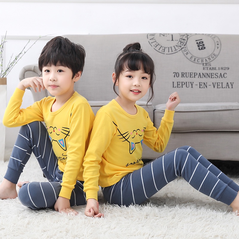 Bộ đồ ngủ chất liệu 100% cotton in họa tiết hoạt hình hợp thời trang xinh xắn dành cho bé trai và bé gái