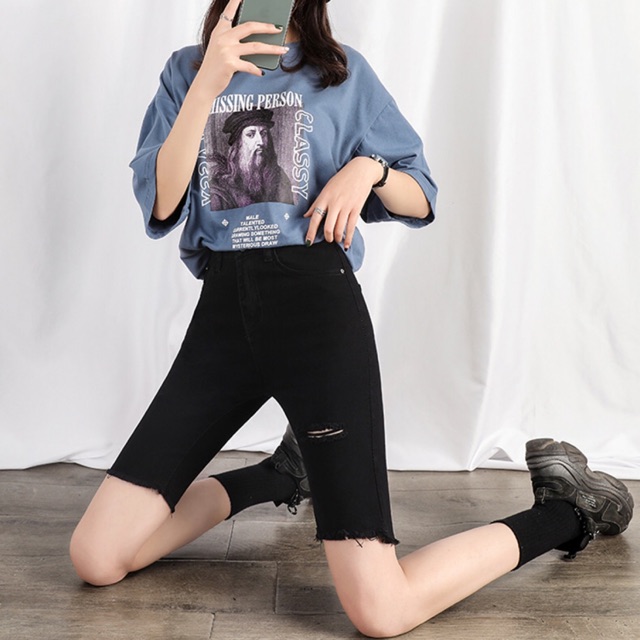 Quần Bò Cạp Cao ĐEN TUYỀN/ Ngố Lửng Jeans Lưng Siêu Cao Trên Rốn - Rách 1 Đùi VẢI DÀY ĐẸP