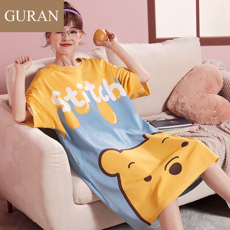 Đầm Ngủ Cotton Ngắn Tay In Hoạt Hình Gấu Pooh Dễ Thương Cho Nữ