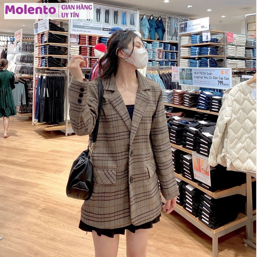 Áo Blazer Nữ Áo Vest Khoác Ngoài 2 Lớp Dài Tay Túi Nắp Dáng Rộng Phong Cách Hàn Quốc Màu Nâu Tây Be Đen Xanh Molento M77 | BigBuy360 - bigbuy360.vn