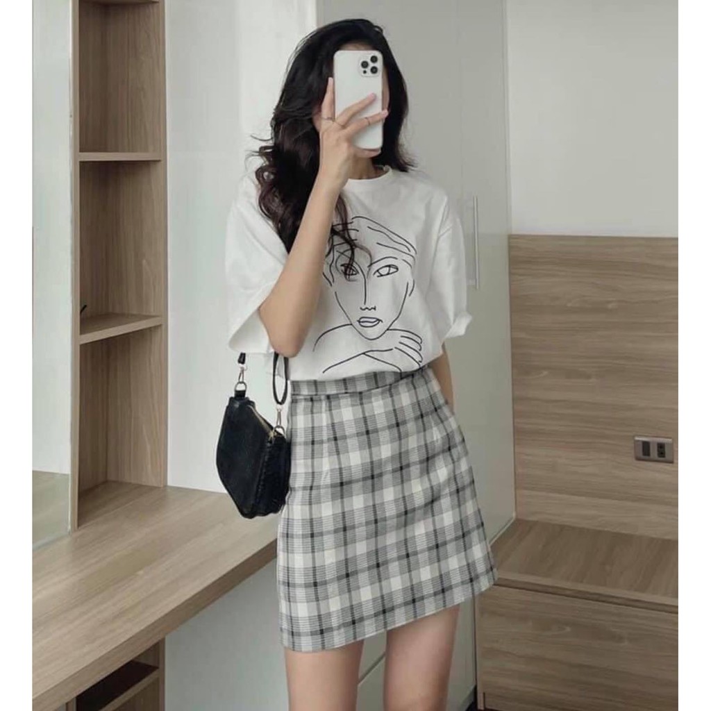 Set áo thun cô gái mix chân váy kẻ có quần trong - Set bộ nữ thời trang freesize giá siêu rẻ