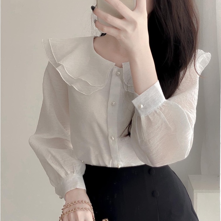 ▥♕Áo sơ mi công sở nữ tơ xước cổ sen 2 lá nằm cúc ngọc
