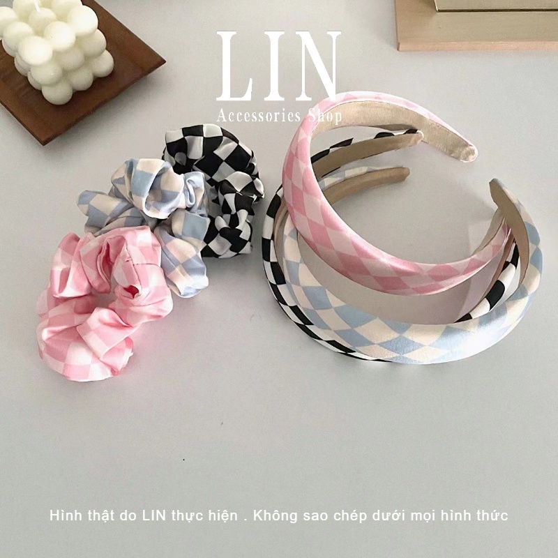 Scrunchies Cột Tóc Băng Đô Vải Caro LIN Phong Cách Hàn Quốc